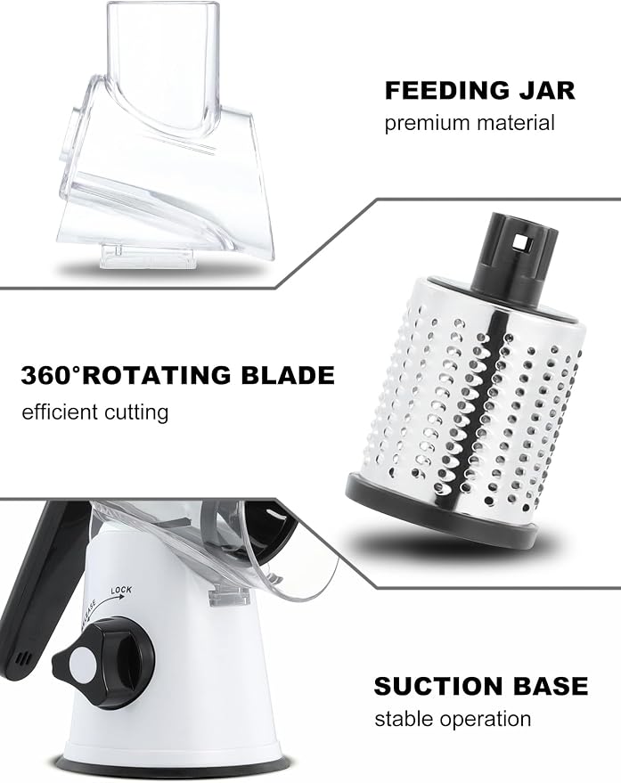 Cheese Grater Rotary, Rotary Grater for Kitchen, Kitchen Grater Vegetable Slicer with 3 Drum Blades, Fast Cutting Cheese Shredder for Vegetables and Nuts | 3 Stainless Steel Blades, 12x Fast Cutting, Non-slip Suction Base, No BPA, Dishwasher Safe, Easy...