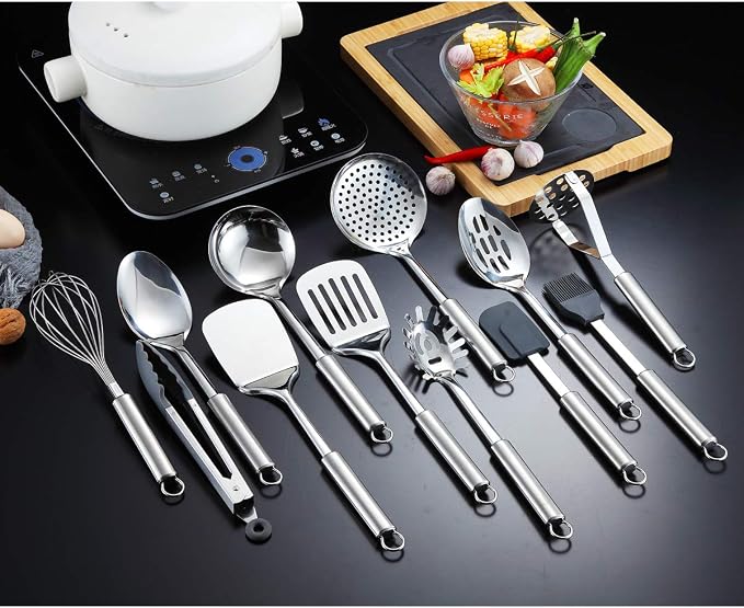 Berglander Cooking Utensil Set 12 Piece Stainless Steel Kitchen Tool Set, Include Cooking Spoon, Spatula, Whisk, Cooking Tong and etc (12 Pieces)