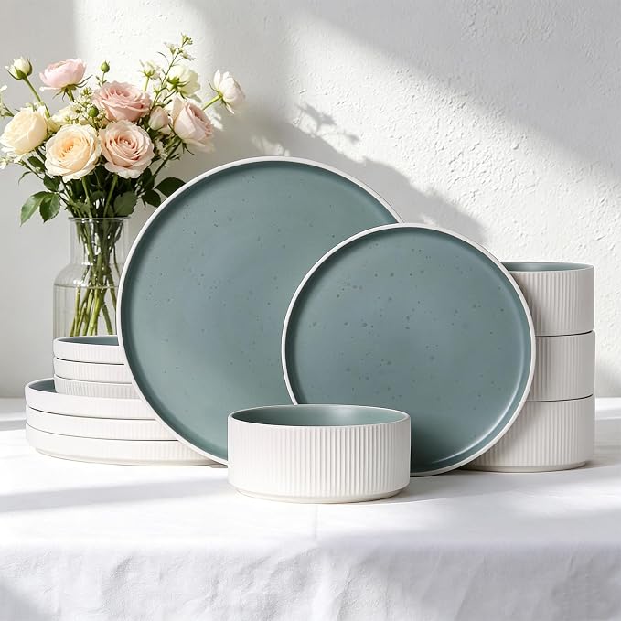 12PCS Ceramic Dinnerware Set for 4,Stoneware Plates and Bowls Sets | Reactive Glaze Dish Set,Scratch Resistant Tableware Set,Reactive Glaze,Microwave & Dishwasher Safe,White Cyan
