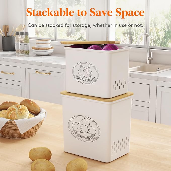 Lifewit Plastic Potato and Onion Storage Bin Box, Set of 2, White | Stackable Garlic Keeper, Vegetable Container Box, Aerating Holes & Lid for Pantry Countertop