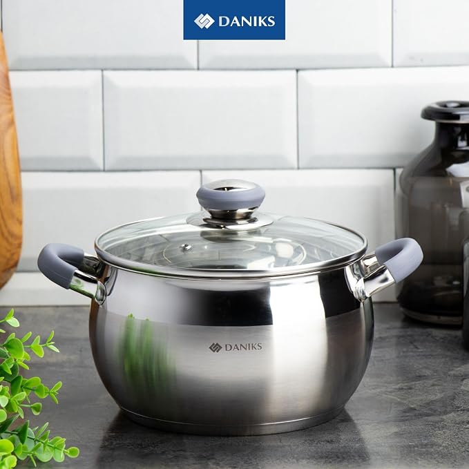 Daniks Modern 7 Quart Stainless Steel Stock Pot with Glass Lid, Tri-Ply Bottom for Even Heating, Induction Compatible, Dishwasher Safe, Heatproof Handles