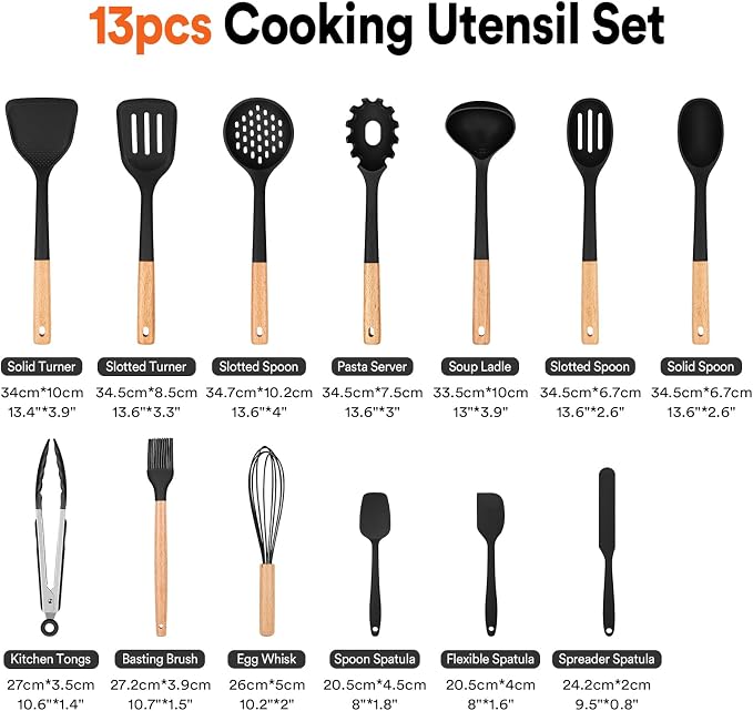 13PCS Silicone Kitchen Utensils Set for Nonstick Cookware, Black | Food Grade, Heat Resistant Kitchen Utensil Spatula Set, Wooden Handles Kitchen Gadgets Tools Set