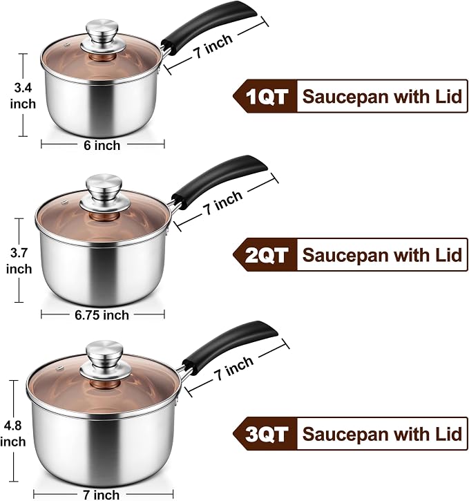 LIANYU 1QT & 2QT & 3QT Saucepan Set with Lids, 18/10 Stainless Steel Sauce Pan Cookware Sets, Kitchen Cooking Small Pots with Long Heatproof Handle, Easy Clean & Dishwasher Safe