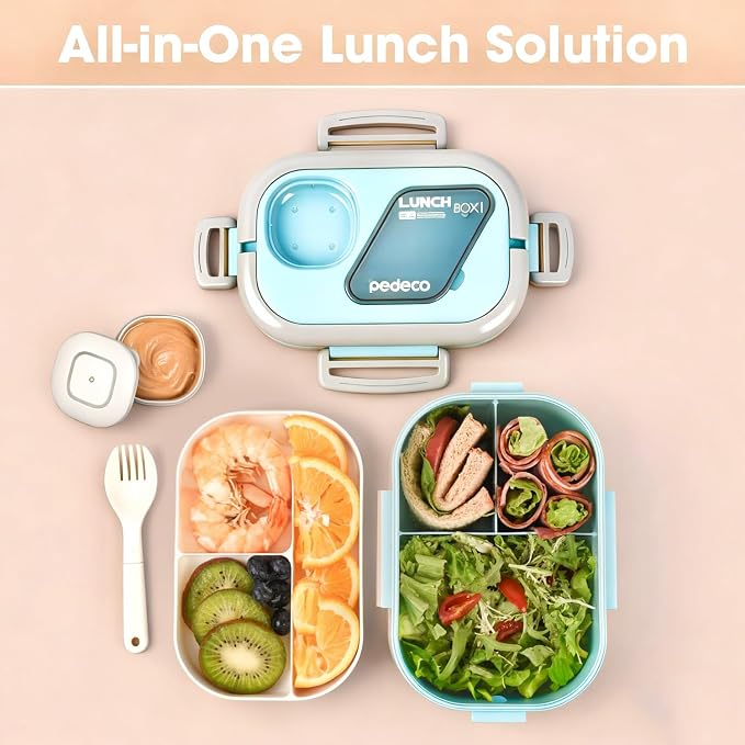 Blue Bento Box with Bag, 2-Tier Stackable with Utensils & Sauce Box | 3 compartments prevent food mixing,Portable sauce pod included,Microwave safe,BPA-free, for adults, kid, work, travel,pinic
