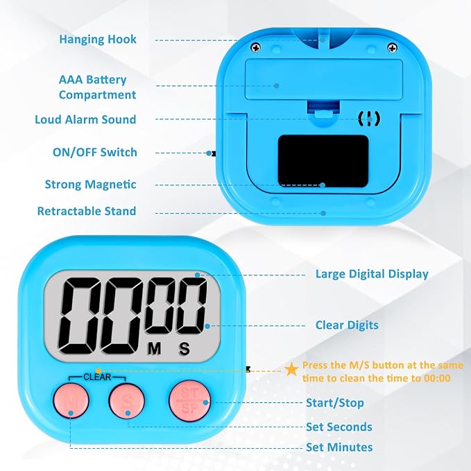 ZILLEEN Digital Kitchen Classroom Timers for Kids Cooking 6pcs Blu Grn Pur | Strong Magnetic, Large Screen, Big Button, Count Up/Down, Loud Alarm, Teacher Classroom Must Haves Supplies