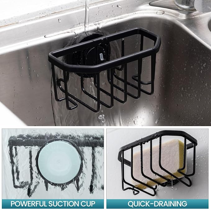 TAILI Sponge Holder for Kitchen Sink with Suction Cup-Black Aluminum | Rustproof Aluminum Sink Caddy for Sponges,Brushes,Stoppers & Scrapers,Removable Ventilated Quick-dry Design, holds Up 11lbs