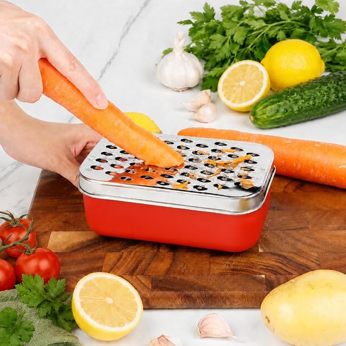 Cheese Grater with Storage Container, Box Grater Stainless Steel for Vegetables, Cheese Shredder 2 Sharp Blades for Fine & Coarse, Non-Slip Base, Lemon Zester, Includes Cleaning Brush(Red)
