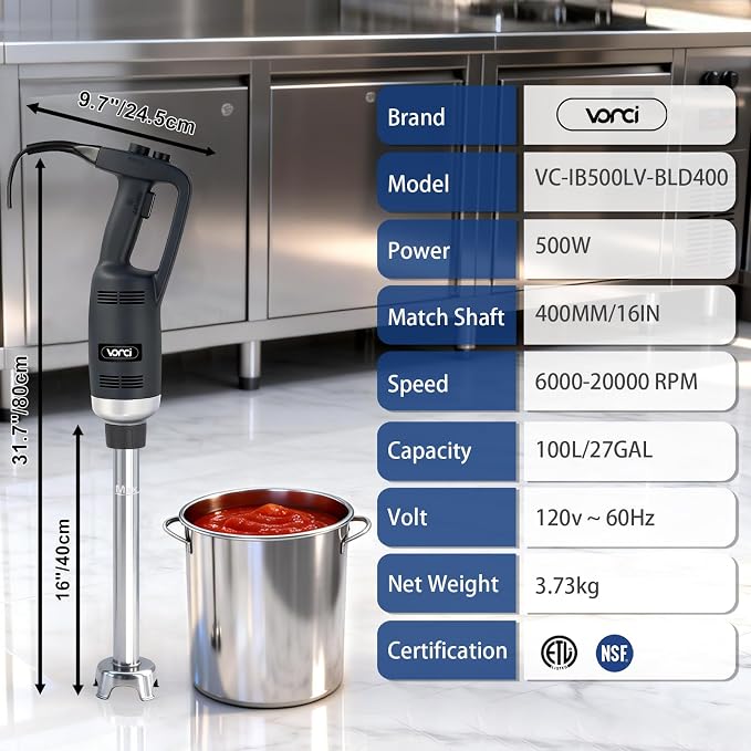 VONCI 500W Commercial Immersion Blender, 16" SUS 304 Removable Shaft, Heavy Duty Power Hand Mixer with Variable Speed 6000-20000RPM, Professional Electric Stick Blender for Restaurant Kitchen Use.