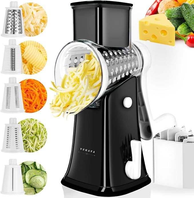 5 in 1 Rotary Cheese Grater Hand Crank, Cheese Shredder with Handle | Replaceable Stainless Blades Cheese Shredder, Cheese Vegetable Slicer, Easy to Clean Kitchen Gadgets with Storage Box