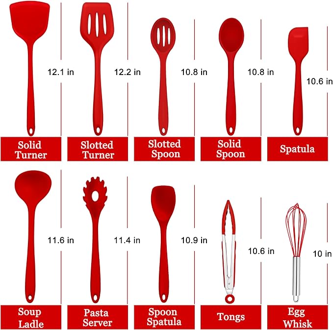 E-far 10 Pieces Silicone Cooking Utensils Set, Heat Resistant Kitchen Utensil Set for Nonstick Cookware, Kitchen Cooking Tools with Spatula, Spoon, Slotted Turner, Non-Toxic & Dishwasher Safe (Red)