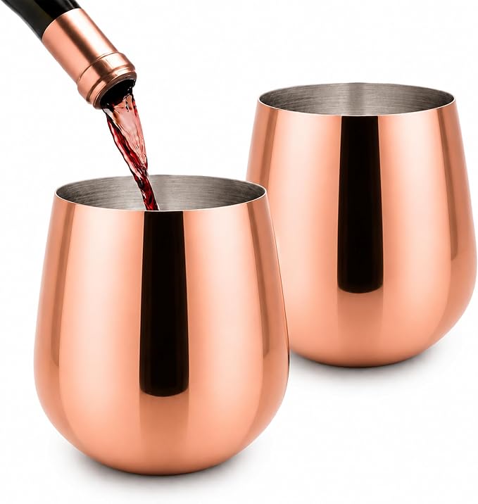 K&K Home Stainless Steel Unbreakable Stemless Wine Glasses - 15 oz - Set of 4 Colored, Stemless Metal Wine Glasses Perfect for Outdoors, Weddings, and Parties (Rose Gold)