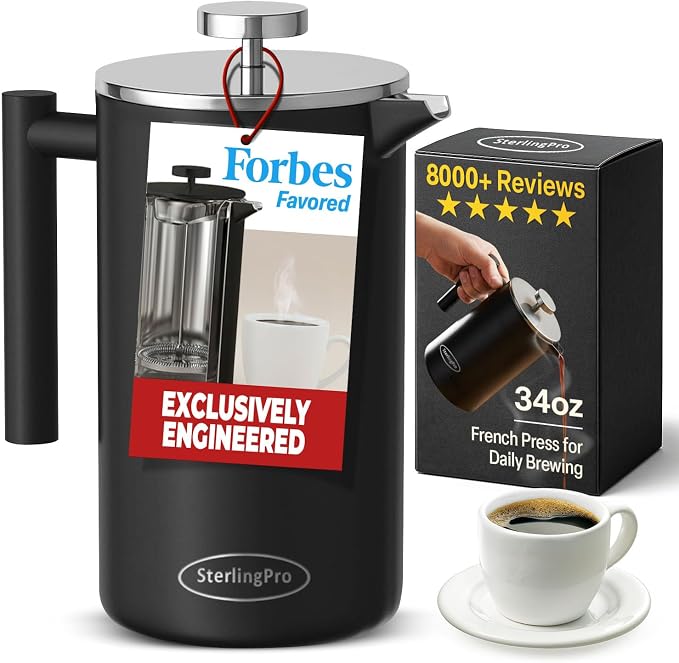 SterlingPro Small Insulated Stainless Steel French Press Coffee Maker 34oz – Insulated Metal Double Wall Coffee Maker | Plastic Free | Cool-Touch | Black Finish | Makes up to 8 Cups / 4 Mugs