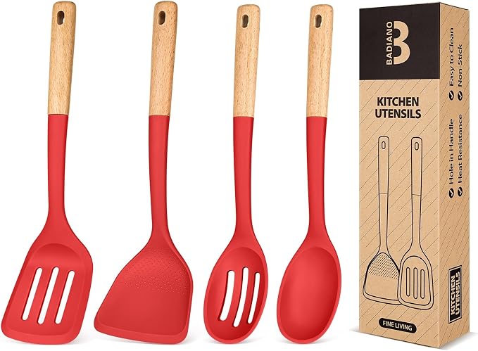 Silicone Cooking Utensils Set, Safe for Nonstick Cookwares, Red | Perfectly Angled for Frying, Mixing,Serving,Draining,Turning and Stirring, BPA-Free Matte Silicone, Wood Handles,4 Pack