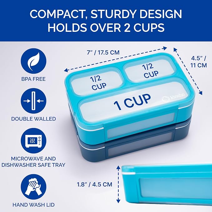 kinsho Small Snack Box Containers for Kids Toddlers, Set of 2 (Navy+Blue) | 3 Compartments, Leak-Proof, Spill Proof, BPA-Free Reusable Small Mini Bento Lunch Box for Daycare School Travel, Holds 2 Cups