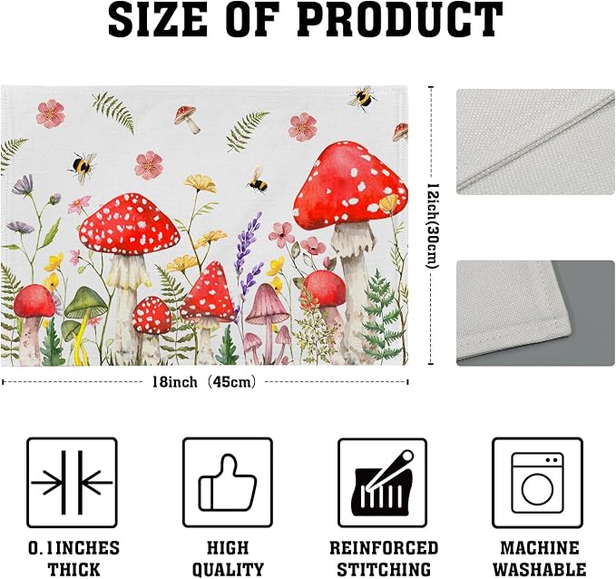 Mushroom Plants Placemats Set of 4，Rustic Wildflowers Heat Resistant Washable Place Mats 12x18 Inch Farmhouse Decor Table Mats for Party Kitchen Dining Indoor Outdoor