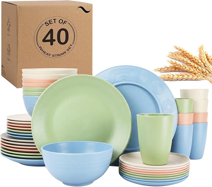 PYRMONT 40 Piece Unbreakable Plate and Bowl Set Wheat Straw Dishes Set for 8-Reusable Plates,Microwave Safe Bowls for Dorm Room,RV Essentials,Dishwasher Safe Kitchen Cups Set-Multilight