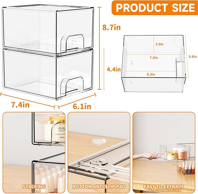 2 Pack Clear Stackable Storage Drawers,4.4'' Tall Acrylic Drawer Containers for Organizing,Bathroom Organizers and Storage Bin Box,Plastic Makeup,Medicine Organizer Bins for Cabinet,Undersink