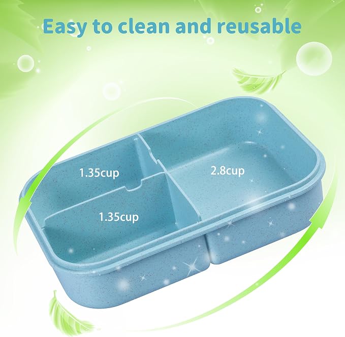 Itopor Bento Box for Kids & Adults, Lunch Box 46 oz / 1400ml, Pale Blue | Wheat straw material, BPA-free, leakproof, 3 compartments, microwave & dishwasher safe, for school, office & travel