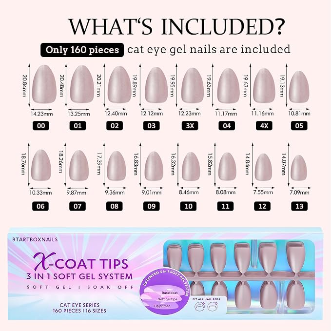 BTArtboxnails XCOATTIPS Cat Eye Press On Nails, Short Almond, Falling Star | Lamp-Curable 4-Week Wear, Salon Quality Value at Home, Natural Nail Look, Easy-to-Apply for Beginners, 1606ct Nail Tips Only