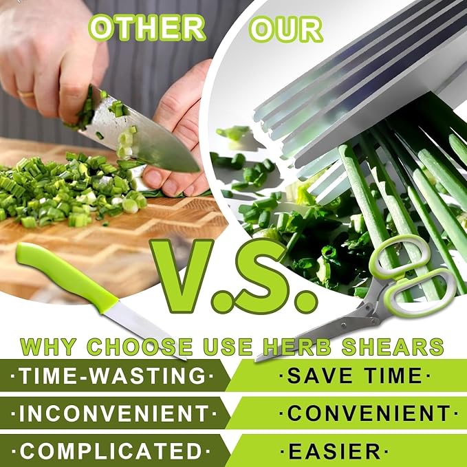 Herb Scissors, Shallot Scissors, Multipurpose 5 Blade Kitchen Herb Shears, Herb Cutter with Safety Cover and Cleaning Comb for Chopping Shallot Basil Chive Parsley