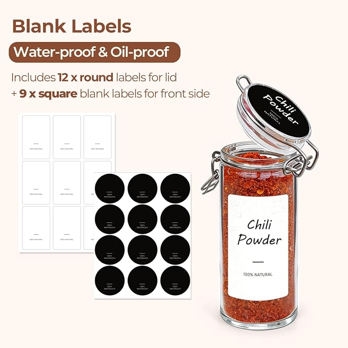 ComSaf Small Glass Spice Jars with Airtight Lids 4 oz 6 Pack with Labels | Seasoning herbs powders, Salt pepper chili, Spice rack cabinet organization, Small size, Funnel included, Party favors
