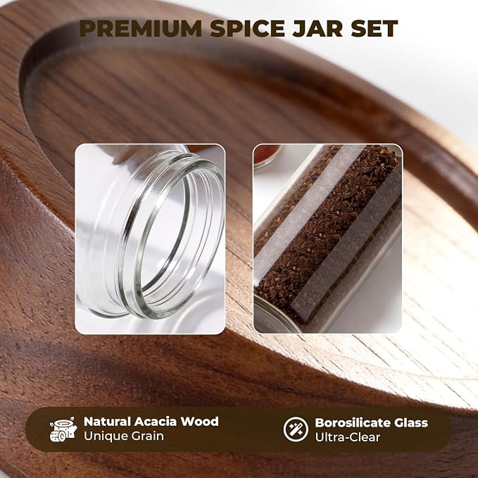 4 Pack 13 oz Glass Spice Jars with Airtight Wood Lids - 15cm Tall Small Storage Food Containers with Labels for Pantry Organization, Herb, Seasoning, Sugar, Coffee Bean, Tea