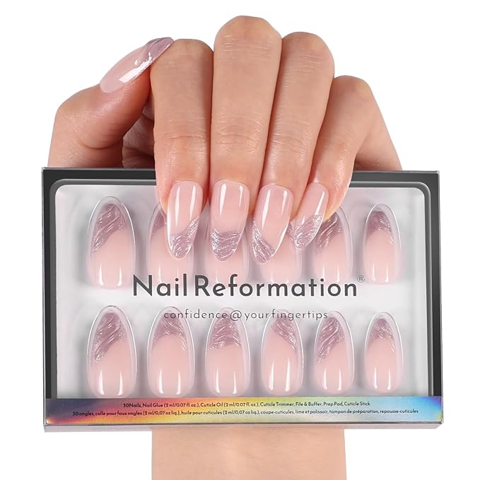 Nail Reformation Press On Nails, Lavender Silk | Medium Almond Fake Nails | with Natural Nude Base & Shimmer Wavy French Tip, Reusable Stick On Nails Kit - 30 Pcs in 15 Sizes, Manicure Gifts for Women