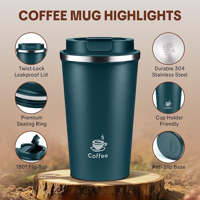 17oz Travel Coffee Mug ,Leakproof Vacuum Coffee Cup Insulated Tumbler | 304 Stainless Steel, Double-Wall Vacuum Insulated, Leakproof, Fits Hot & Cold Drinks Car Cup Holders, Travel, Office