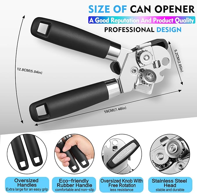 Can Opener Manual Heavy Duty Multifunctional with Magnet Lift [Ergonomic Curved Handle Grip] Stainless Steel, Arthritis-Friendly, Kitchen Tool for Seniors, Kitchen Essentials, Camping, Bottle Opener