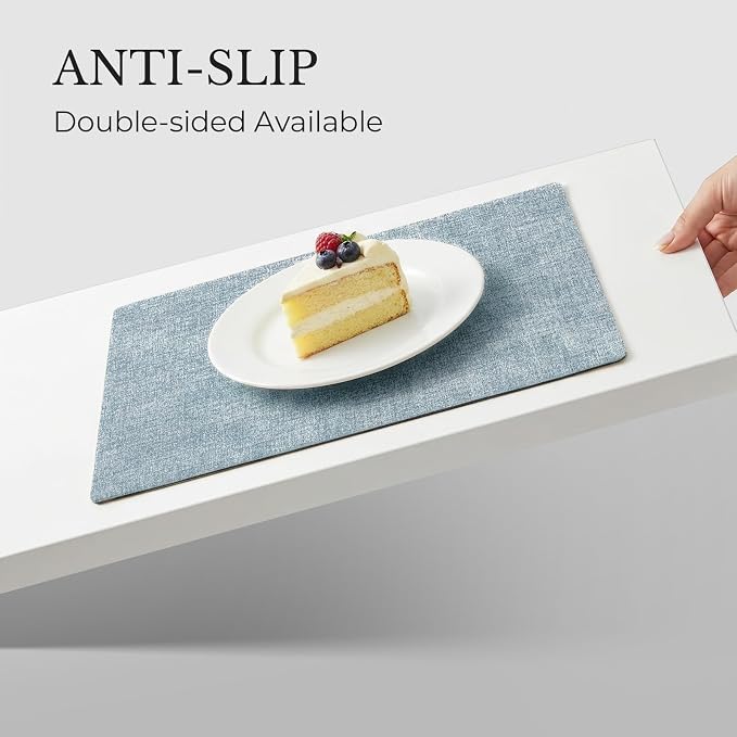 Romanstile Vinyl Placemats Set of 8, Reversible Faux Leather Heat Resistant Wipeable Table Mats, Waterproof Washable Non-Slip Table Placemats for Dining/Kitchen/Outdoor (Grey Sky Blue, 12" x 17")