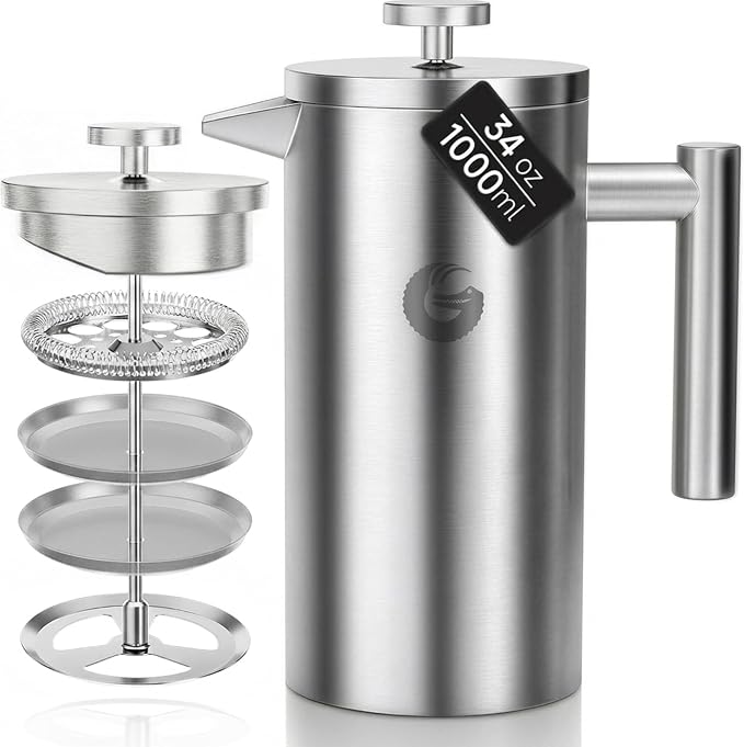 Coffee Gator French Press Coffee Maker 34 oz, Non-Toxic 100% Plastic Free, Double Wall, 4-Layer Filter, Cold Brew Cafetera Tea Pot for Kitchen Travel Camping, Gifts, Decor, Bar Accessories, Silver