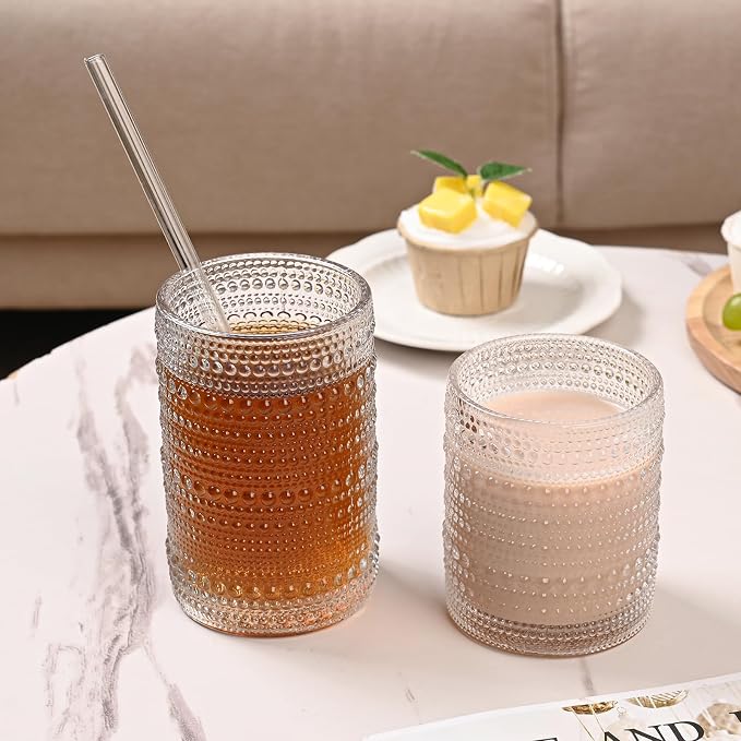 ZMOWIPDL Drinking Glasses Set of 12,Clear 12oz & 15oz Hobnail Glass Cups | Vintage Glassware，Embossed Water Tumbler,for Beer,Cocktail,Whiskey,Juice and Various Mixed Drinks- 1 Cleaning Brush