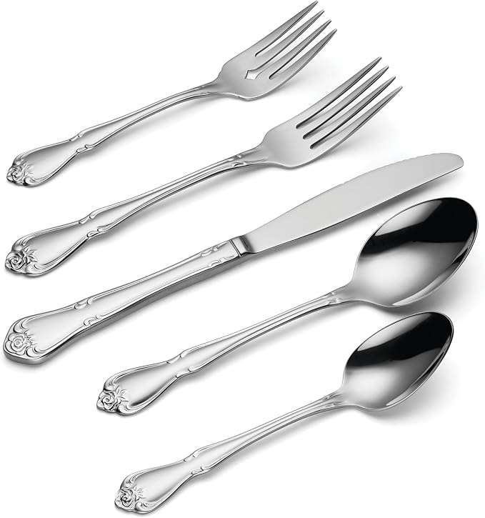 Oneida True Rose 45 Piece Everyday Flatware, Service for 8, 18/0 Stainless Steel, Silverware Set, Silver | mirror finish, dishwasher safe | includes serving spoons and utensil set | cutlery set, wedding silverware