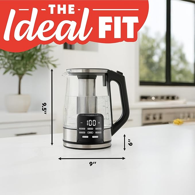Gourmia Electric Glass Kettle – 1.7L Programmable Tea & Coffee Brewer with Digital Touch Display, 6 Presets, Removable Stainless Steel Infuser, Cordless with 360° Swivel Base, Black