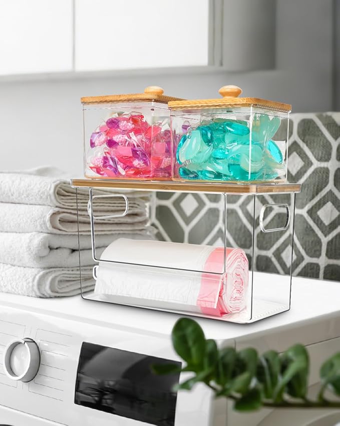 Trash Bag Holder, Acrylic Garbage Bag Dispenser with Bamboo Top | Extra Large Trash Bags Dispenser Under Sink for Kitchen, Pantry, Laundry Room, Cabinet Organizer and Storage (1 PACK)