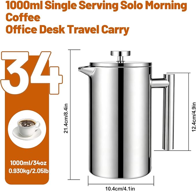 304 Thickened Stainless Steel 1000ml French Press 33.81oz Moka Pot | Coffee Maker French Coffee Presses Cold Brew Cafetera Tea pot for Home & Camping Gifts Decor Bar Accessories Silver