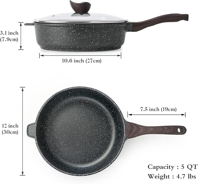 Kordisen Nonstick Deep Frying Pan with Lid, 12 Inch Large Skillet, 5 Qt Non Stick Saute Pan for Cooking, Healthy Induction Cookware, PFOA Free | Large Skillet, 5 Qt, Saute Pan, Healthy Coating, Induction, PFOA Free