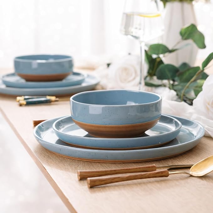 AmorArc Dinnerware Sets for 8, 24 Pieces Ceramic Plates and Bowls Set | Scratch Resistant Stoneware Dishes Set, Dishwasher & Microwave Safe, Stone Blue