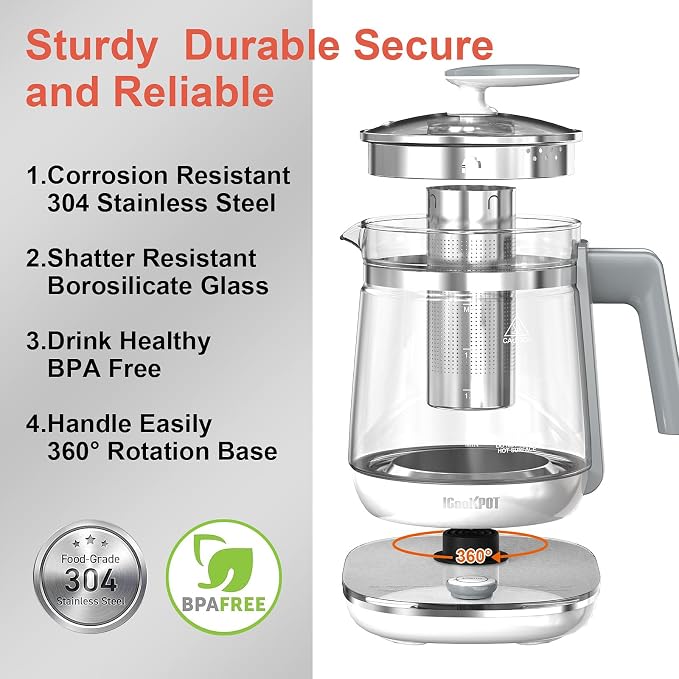 1200w Electric Kettle, 1.5L Borosilicate Glass tea kettle, Hot water kettle electric for Coffee or Tea, BPA Free, Auto Shut-Off, Stainless Steel, Fast Boil, White