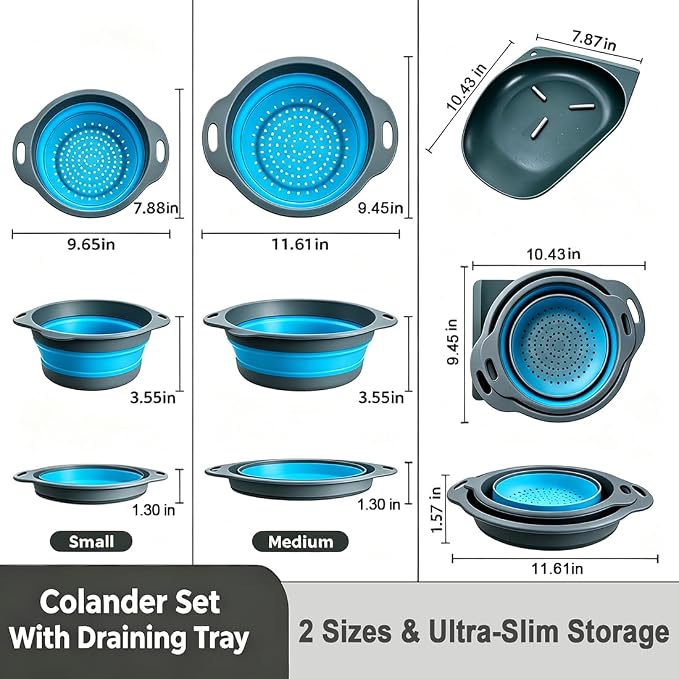 AUOON Collapsible Colander Set (3QT + 4QT) with Draining Base, Gray+Blue | Fast Draining, Heat-Resistant, Dishwasher Safe, Space-Saving, Food-grade TPE & PP for Pasta Noodles Vegetables and Fruits
