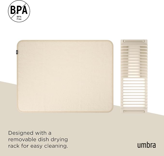 Umbra Udry Dish Drying Rack with Mat, Folds Flat for Storage, Linen | Protects countertop, BPA-free, recycled plastic construction