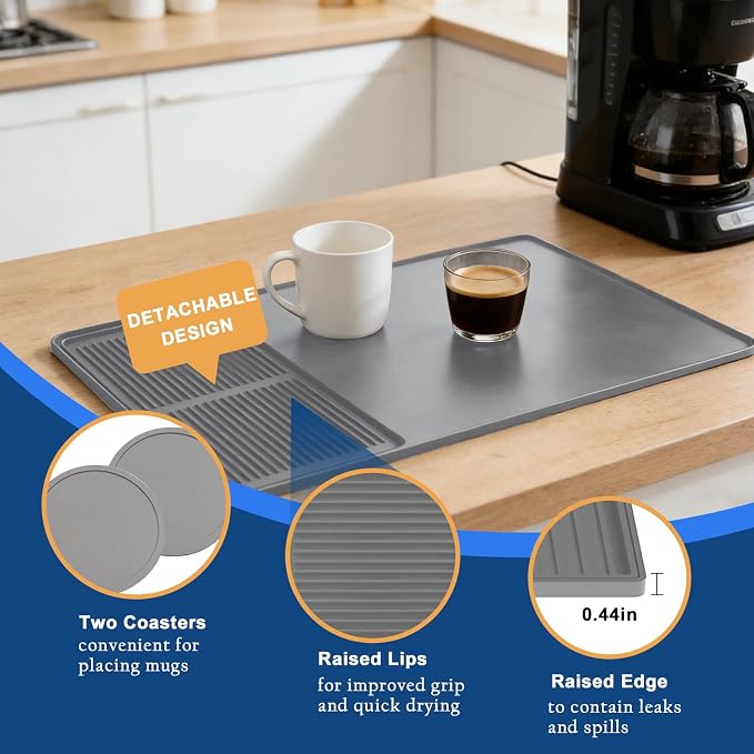 Mrcrypos Silicone Coffee Station Mat with Rasied Edges 16x24 Inch, Grey | Anti-Slip, Heat-Resistant, Spill-Proof, Bar Mat for Most Countertop & Espresso Machines, under Coffee Maker/Dish Rack
