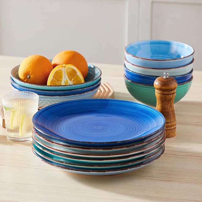 vancasso Bonita 10.5 Inch Ceramic Dinner Plates Set of 6, Cool Colors | Microwave and Oven Safe, Durable Glaze Resists Scratches and Chips, Set of 6 Stackable, Colorful Bonita Design, Salad Plates