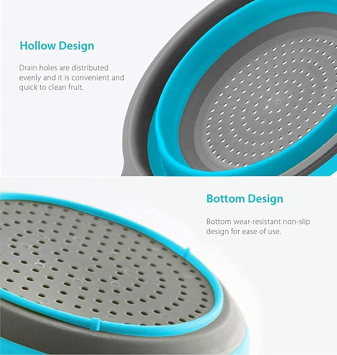 Kitchen Foldable Silicone Strainer Colanders with Handles, Blue | Collapsible Colanders, Space-Saver Folding Strainer, for Draining Pasta, Vegetable