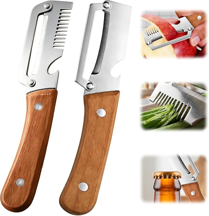 Upgrade Vegetable Peeler and Julienne Peeler Set, 2-Pcs Multifunctional Stainless Steel Veggie Peelers for Kitchen with Wood Handles & Built-in Bottle Opener, Sharp Potato, Carrot & Scallion Shredder