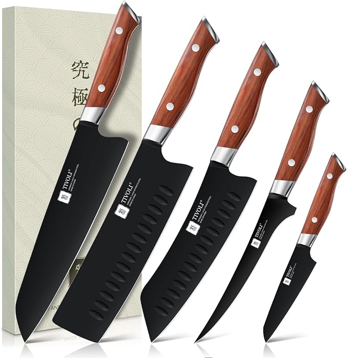 TIVOLI Chef Knife Set, Professional 5PC Ultra Sharp Knife Set | German High Carbon Stainless Steel, Full Tang Ergonomic Wood Handle, Gift Box, Stain Resistant & Easy to Clean, for Cooking