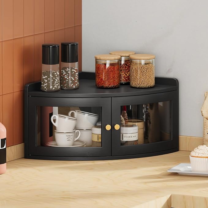 Trironsun Corner Bread Box for Kitchen Counter with Acrylic Transparent Door Bamboo Large Capacity Bread Storage Bin Fan Shape Breadbox Holder for Homemade Bread (Black 1 Layer)
