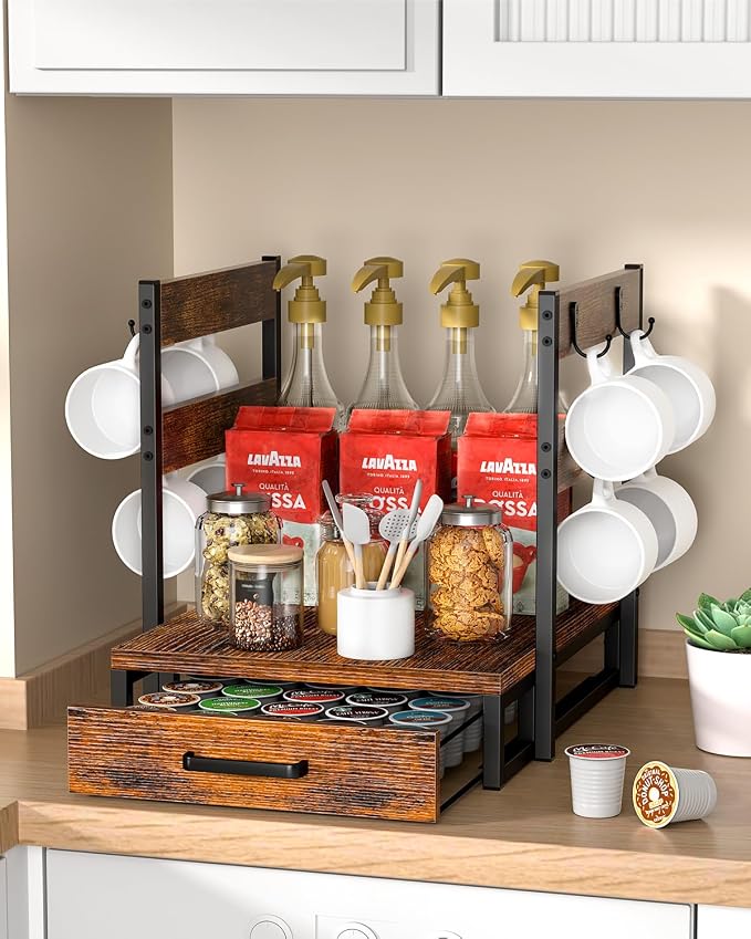 Evermagin K Cup Holder, Coffee Pod Holder Compatible with Keurig | K cup organizer for 35 Pods, Coffee Station Organizer for Countertop with 8 Mug Hooks, Easy Assembly, Rustic Brown