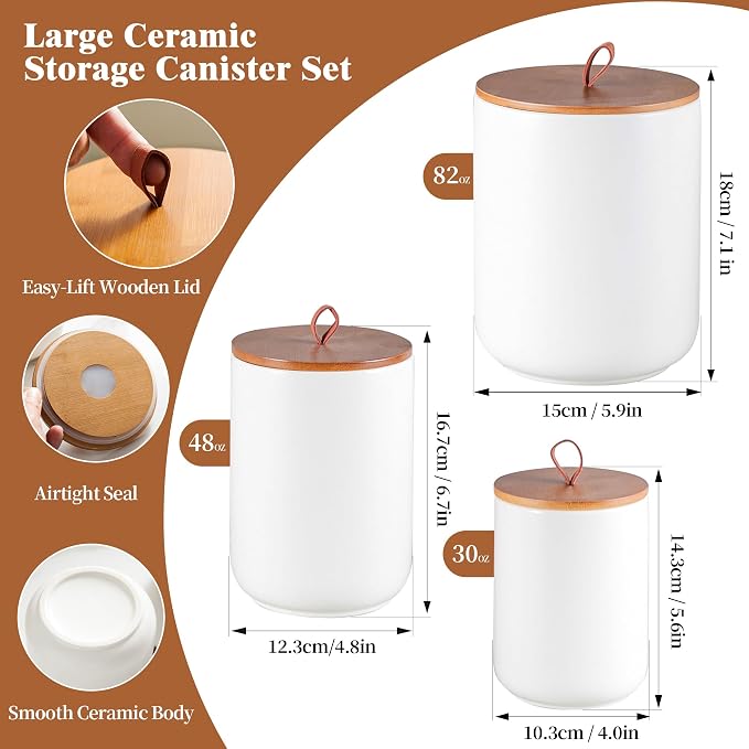 Mowtanco White Ceramic Canister & Jar Set, Airtight Bamboo Lids 3-Piece | 30/48/82 oz airtight storage containers jars for flour, sugar, tea, coffee, pasta, nuts, kitchen counter canister set