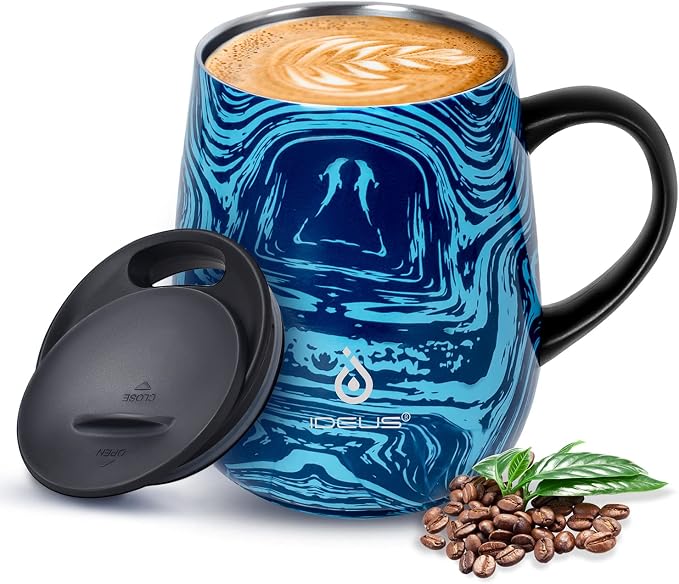Ideus 16 oz Insulated Coffee Mug with Handle and Lid, Double Wall Stainless Steel Vacuum Thermal Coffee Mug, Travel Coffee Cup Thermal Cup for Home and Office, Blue Zebra